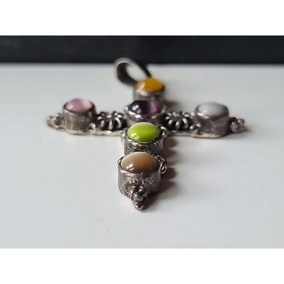 925 Sterling Silver Cat's Eye Cross Pendant Vintage Mexico - Picture 5 of 10